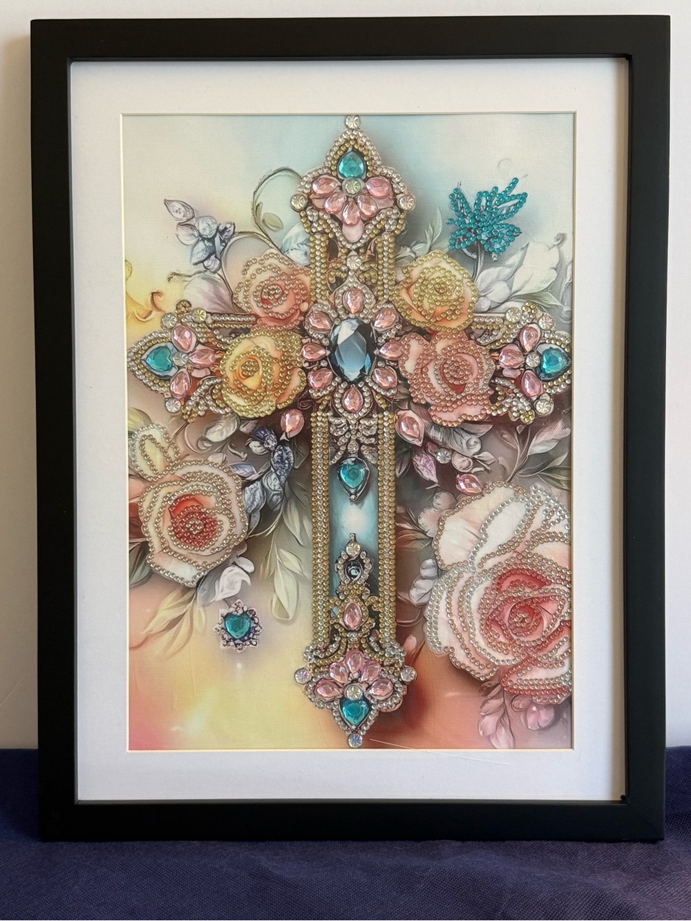 Handmade Jeweled Cross Wall Art Framed Christian Decor Rhinestone Floral Artwork